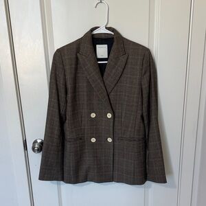 Sandro Virgin Wool Plaid Print Brown Checkered Double-Breasted Blazer